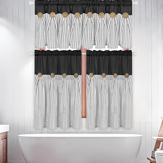ASPMIZ Cotton Linen Farmhouse Kitchen Curtains, Black with Grey Stripe Tier Curtain 36 Inch Lenth, Boho Rustic Button Short Curtains for Small Window, Half Window Curtain for Kitchen Cafe, 2 Panels