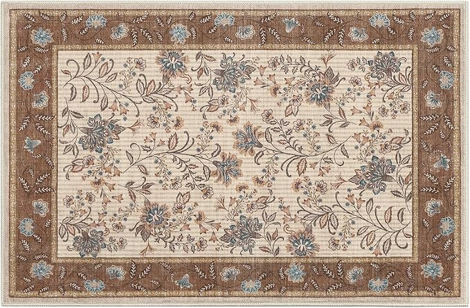 GarveeHome Small Entryway Rug, 2x3 Washable Front Door Rug Indoor Entrance French Floral Carpet Non-Slip Low Pile Beige Throw Rugs for Kitchen, Powder Room, Entry, Bathroom, Kids Room