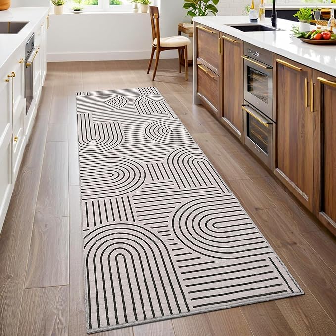 Modern Rug 2.5x8 Runners for Hallways, Abstract Kitchen Runner Rugs Non Slip Bath Runner, Rainbow Washable Rug for Bedroom, Soft Long Rugs for Entryway Bathroom Laundry Dorm, LightCamel