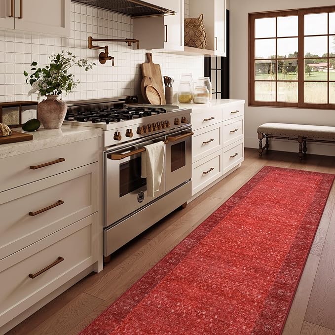 Hedlive Red Kitchen Runner Rugs Non Skid Washable, 2.6x8 Long Hallway Runner Rug 8 Ft, Ultra-Thin Vintage Red Carpet Runner for Entryway Bathroom Bedside Laundry Room Hall (2'6"x8')