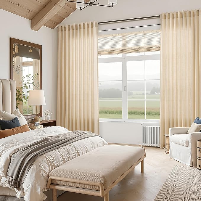 Extra Long Tan Linen Curtains 120 Inches for Living Room Back Tab Neutral Farmhouse Drapes Light Filtering Semi Sheer Curtain 120 inch for Floor to Ceiling Window Patio Sliding Door,2 Panels