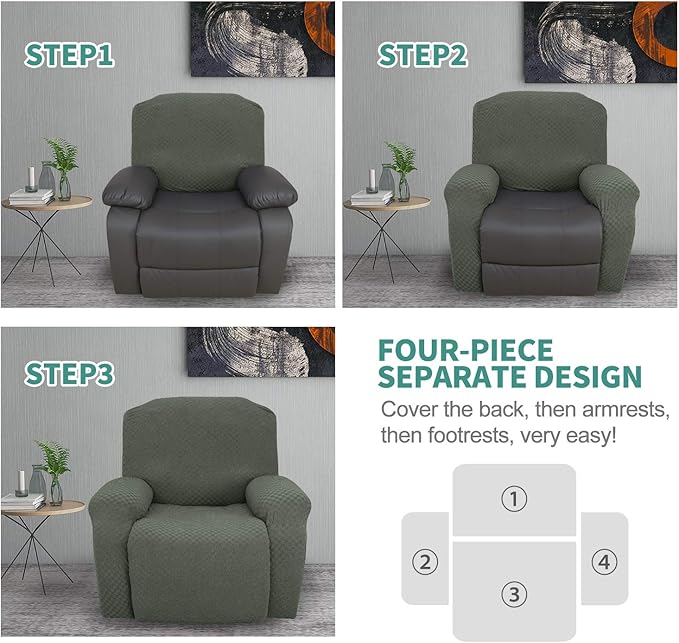 YEMYHOM 4 Pieces Stretch Recliner Slipcover Latest Jacquard Recliner Chair Cover with Side Pocket Anti-Slip Fitted Recliner Cover Couch Furniture Protector with Elastic Bottom (Recliner, Army Green)
