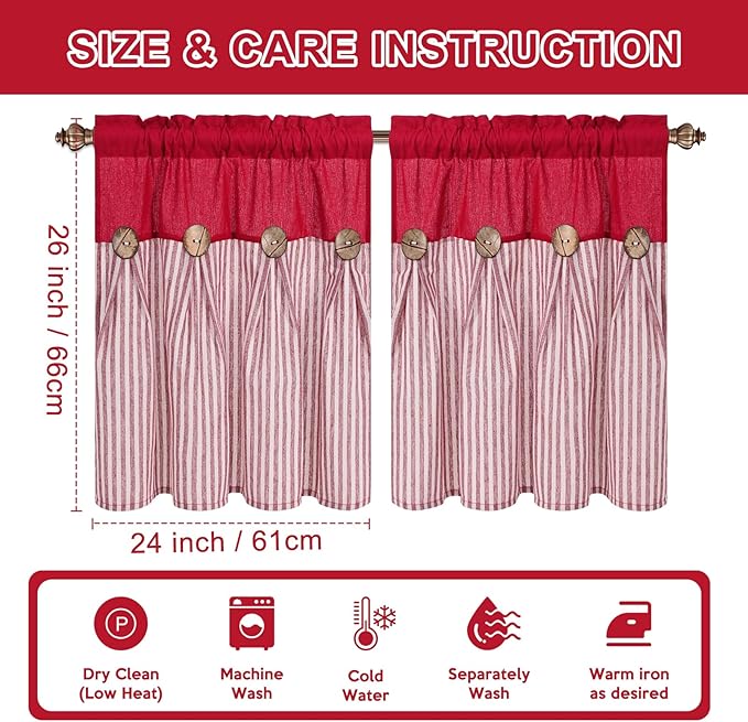 ASPMIZ Linen Kitchen Curtains 24 Inch Length, Farmhouse Boho Button Kitchen Window Curtain Over Sink, Red Striped Short Curtains for Small Windows, Bathroom, Rod Pocket Window Treatment Tiers