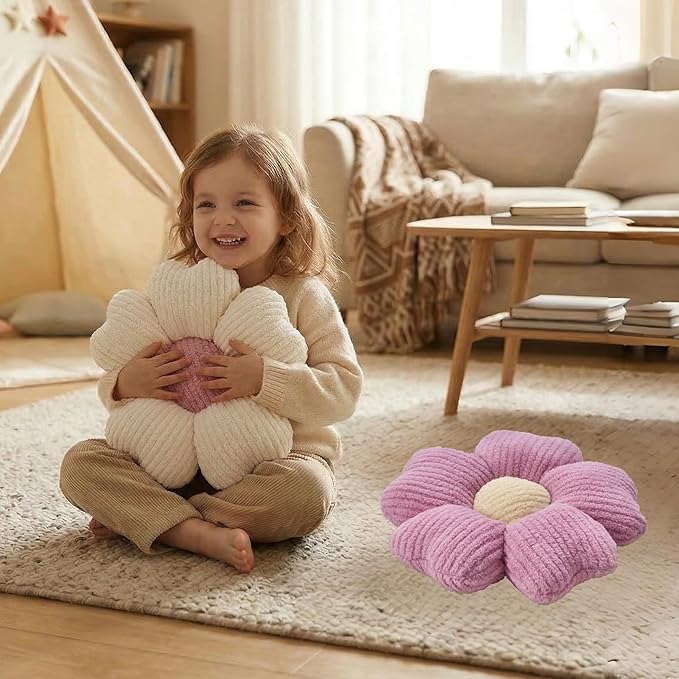 2 Pcs Pink Decorative Throw Pillows, 15'' Cute Daisy Flower Shaped Pillow Floor Seating Cushion for Bed Couch Bedroom Room Dorm Decor (Pink & Ivory)