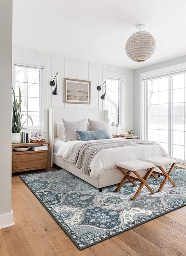 Lahome Moroccan Trellis Washable Area Rug, 5x7 Rugs for Living Room Bedroom, Indoor Non-Slip Oriental Accent Throw Large Carpet for Kitchen Entryway Bathroom Office Elise, Blue