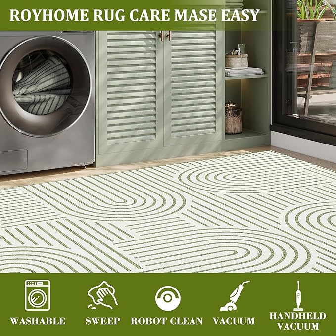 ROYHOME Washable Rug 9x12 Area Rugs for Living Room, Abstract Rug for Bedroom, Soft Rainbow Non Slip Throw Rugs with Rubber Back, Low Pile Stain Resistant Boho Geometric Carpet for Dining Room, Green