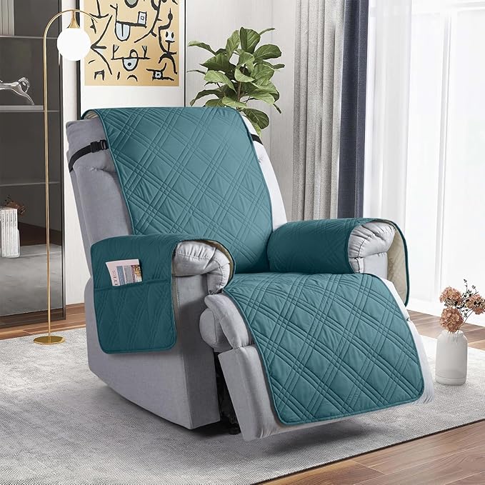 TAOCOCO 100% Waterproof Recliner Chair Cover, Non Slip Recliner Covers for Recliner Chair with Pocket, Washable Reclining Chair Cover Furniture Protector for Kids,Dogs(23.6'', Peacock Blue)