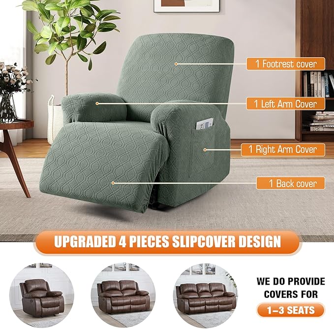 VANSOFY Oversized Recliner Chair Cover, 4-Pieces Stretch Recliner Covers for Recliner Chair Soft Reclining Chair Slipcover Jacquard Pattern Furniture Protector for Dogs Cats(Bean Green)
