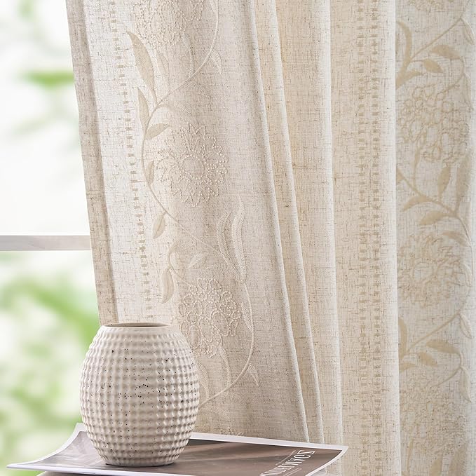 jinchan Winslow Linen Curtains for Living Room Floral Curtains 84 Inch Length Ivory Embroidered Bordered for Sitting Room Farmhouse Decor Light Filtering Window Treatments Set of 4