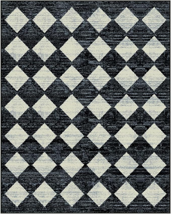 Lahome Zelie Checkered Washable 8 x 10 Area Rugs for Living Room, Black Bedroom Rug 8x10 Under Bed, Geometric Trellis Soft Ultra-Thin Indoor Carpet for Dining Room Dorm Kids Playroom (8'x10',Black)