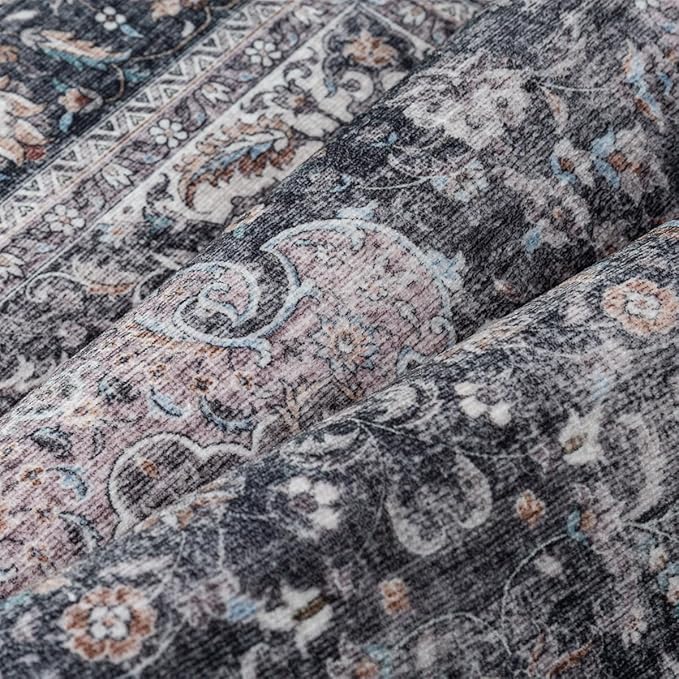 8x10 Washable Area Rug Black Grey Vintage Non Slip Soft Medium Pile Rug for Living Room Bedroom Dining Room Office Distressed Oriental Indoor Large Throw Carpet for Home Decor
