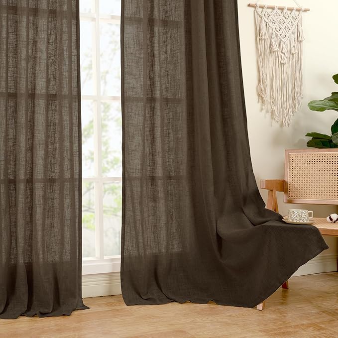 LAMIT Dark Brown Sheer Linen Curtains, 96 inch Light Filtering Semi Sheer Panels Back Tab and Rod Pocket Farmhouse Drapes for Bedroom/Living Room, 2 Panels, 52 x 96 Inch