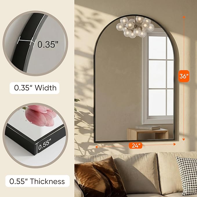 Antok Arched Bathroom Mirror, 24"x36" Wall Mounted Mirror, Vanity Mirrors for Over Sink, Aluminum Alloy Frame Bathroom Mirrors Living Room, Bedroom and Entryway, Black