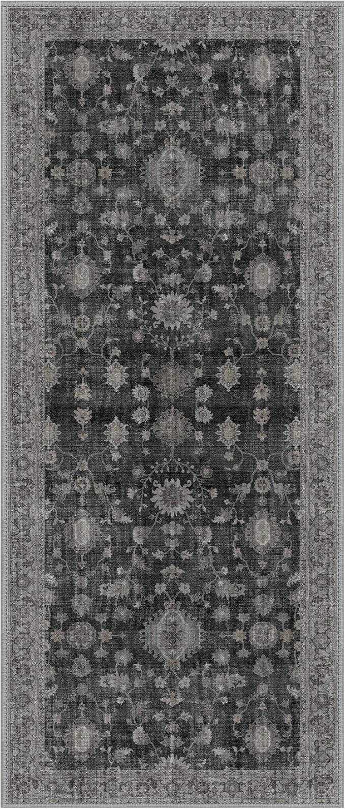 GENIMO Runner Rug for Hallways Machine Washable, 3x7 Non Slip Boho Vintage Lightweight Washable Runners, Thin Floor Rugs for Entryway Hallway Bathroom Laundry Room Corridor, Charcoal