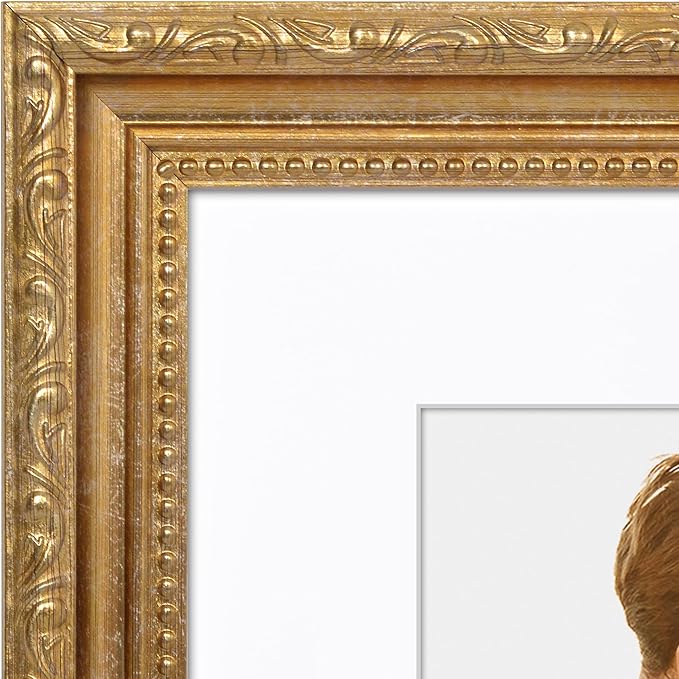 Americanflat 8x10 Picture Frame with Shatter-Resistant Glass - Use as 5x7 Frame with Mat or Display 8x10 Photo Without Mat - Ornate Picture Frames for Wall and Tabletop Display - Gold