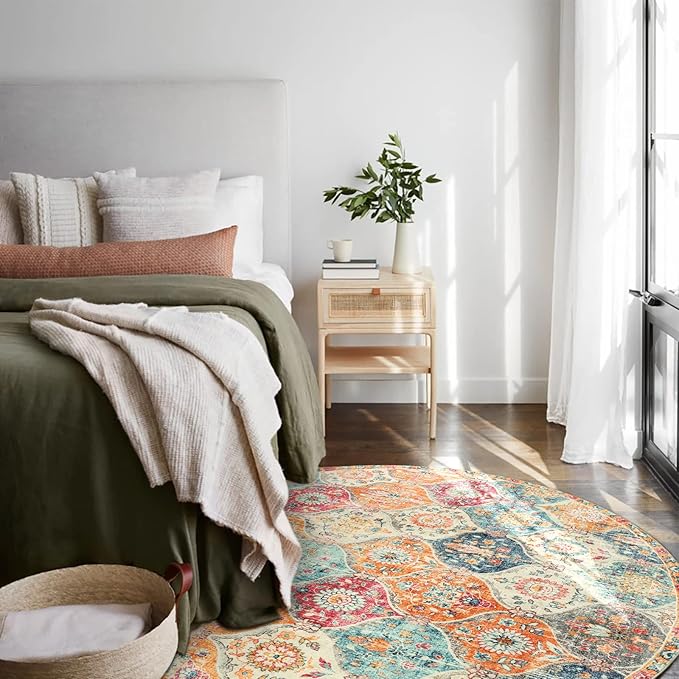 Lahome Moroccan Trellis Washable Round Area Rug, Round Rug 5ft Soft Non-Slip, Non-Shedding Distressed Circle Carpet for Bedroom Living Room Bathroom Nursery Kitchen Elise, Cream/Multi