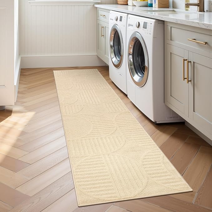 Findosom Washable Runner Rug 2x10, Geometric High-Low Textured Non Slip Hallway Runner Rug with Rubber Backing, Boho Carpet Runner for Kitchen, Bedroom, Laundry, Entryway, Bathroom, Beige