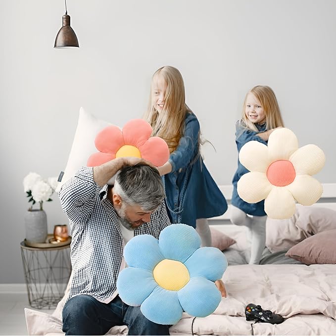3Pcs Flower Pillow - Flower Shaped Throw Pillow Seating Cushion, Cute Daisy Flower Pillow Floor Pillows for Adults Kids Home Bedroom Sofa Chair Couch Decor (White/Green/Purple, 15.74 in+19.68 in)
