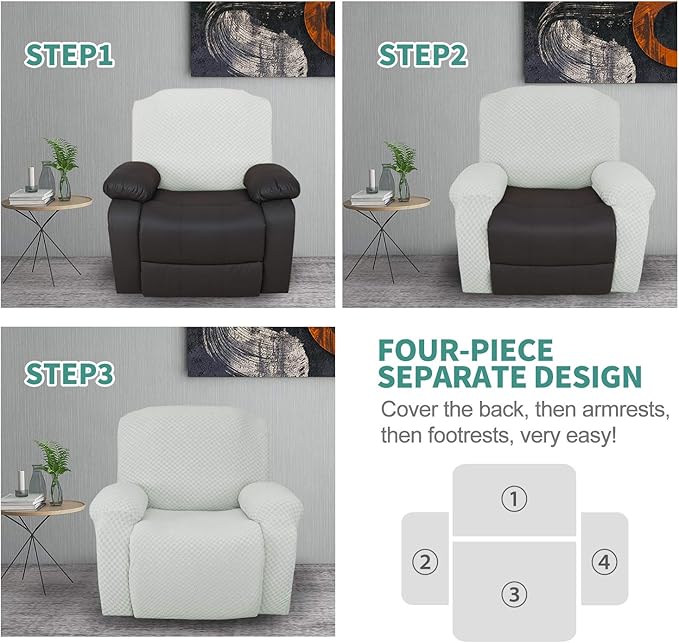 YEMYHOM 4 Pieces Stretch Recliner Slipcover Latest Jacquard Recliner Chair Cover with Side Pocket Anti-Slip Fitted Recliner Cover Couch Furniture Protector with Elastic Bottom (Recliner, Ivory)