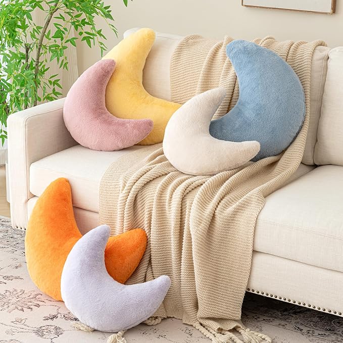 Moon Pillow, Decorative Throw Pillows with Soft Faux Rabbit for Bed Couch, Moon Shaped Pillows Plush Floor Cushions Room Decor Pillow for Sofa Bedroom Living Room (Grey Pink, 19.6 Inches)