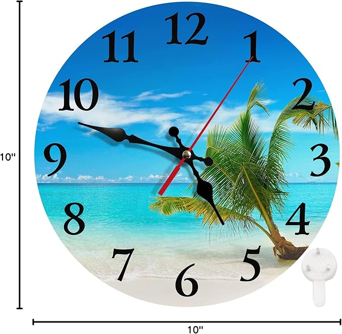 Britimes Round Wall Clock Silent Non-Ticking Battery Operated Clock 10 Inch, Turquoise Ocean Blue Beach Sand Home Decor for Living Room, Bathroom, Bedroom, Kitchen, Office and School