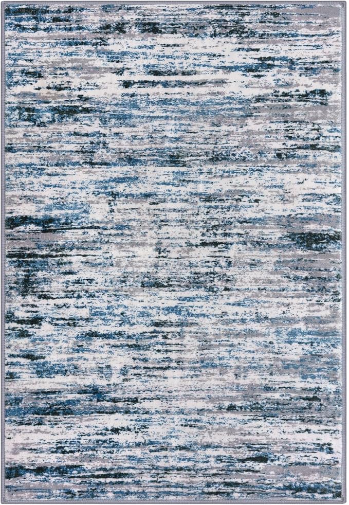 Lansny Modern Abstract 5x7 Machine Washable Area Rug Non-Slip Soft Bedroom Living Romm Rug Grey Blue White Thin Print Faux Wool Floor Carpet Throw Rugs for Nursery Playroom Dining Room Indoor