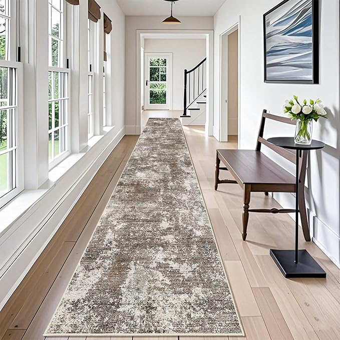 3x20 ft Extra Long Hallway Runner Rug - Non-Slip Washable Floor Runner with Rubber Backing, Modern Low Pile Thin Wide Carpet for Entryway, Kitchen, Living Room (Brown Beige, 3x20)