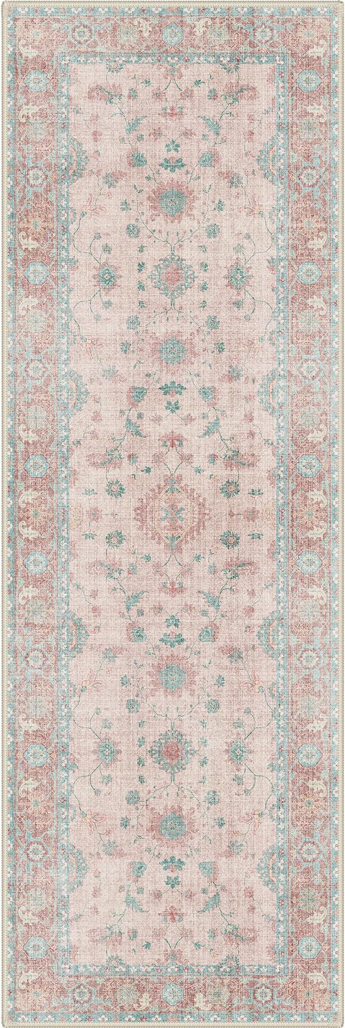 GENIMO Runner Rug for Hallways Machine Washable, 2x6 Non Slip Boho Vintage Lightweight Washable Runners, Thin Floor Rugs for Entryway Hallway Bathroom Laundry Room Corridor, Misty Pink