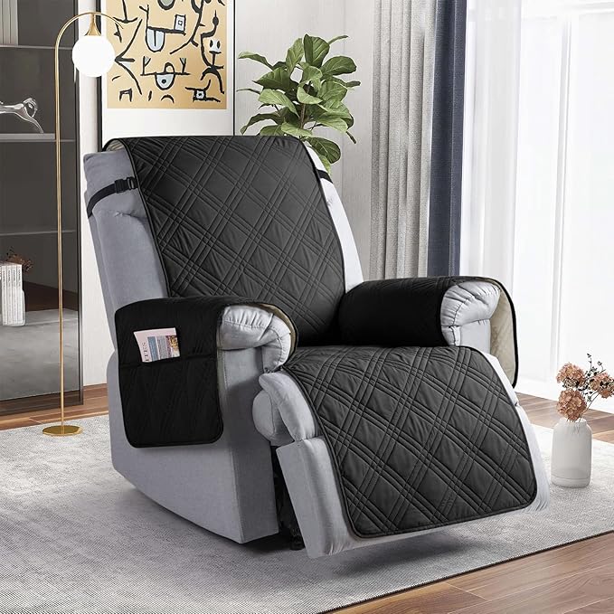 TAOCOCO Waterproof Recliner Chair Covers 30 Inch Wide, Oversized Recliner Covers for Recliner Chair with Pocket, Recliner Slipcovers with Straps Furniture Protector for Kids Pets (30'', Black)