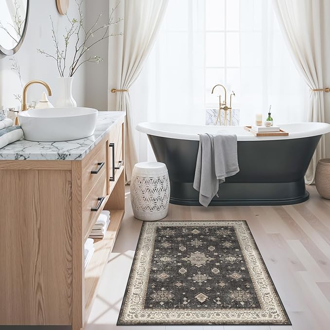 2x3 Washable Non-Slip Area Rug - Soft Low Pile Throw Rug for Kitchen Entryway Bedroom - Vintage Floral Distressed Indoor Door Mat with Rubber Backing (Charcoal Grey)