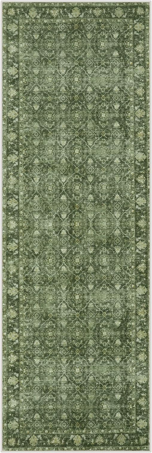 Hedlive Vintage Green Washable 2x6 Runners for Hallways, Boho Kitchen Runner Rug Non Skid, Soft Low Pile Floor Carpet for Entry Bathroom Bedside High Traffic Area (2'x6', Green)