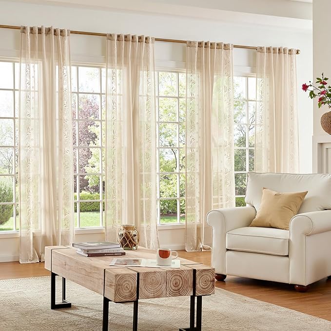 jinchan Winslow Sheer Curtains 63 Inch Length for Dorm Bedroom Bordered Floral Pattern Decorations Short Curtains Light Filtering Window Treatments, 50W x 63L, Ivory on Beige, 2 Panels