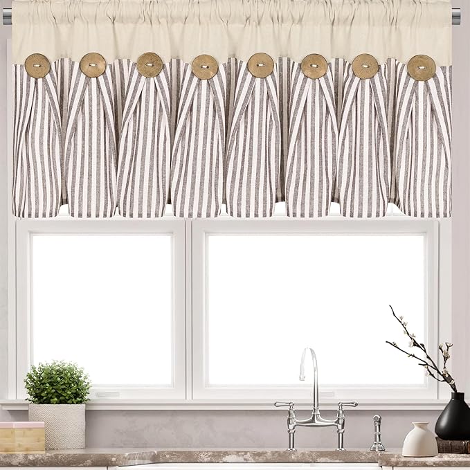 ASPMIZ Farmhouse Valances for Windows, Boho Kitchen Valances Curtains with Rustic Buttons, Brown Striped Window Valance for Living Room, Cotton Linen Valance for Bathroom, 52 x 18 Inches