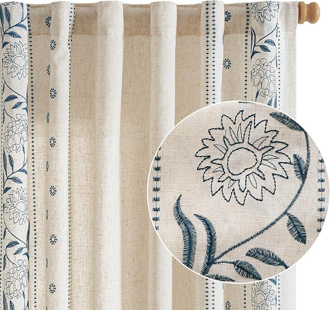 jinchan Winslow Linen Curtains for Bedroom 108 Inches Length Embroidered Bordered Floral Curtains for Living Room Farmhouse Decor Light Filtering Window Treatments Blue on Beige Drapes 2 Panels