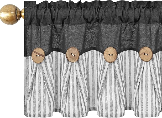 ASPMIZ Farmhouse Cotton Linen Valances for Windows, Boho Kitchen Curtains Valances with Rustic Button, Black Striped Valance Window Topper Treatment Tiers, Window Valances for Bathroom, 60 x 14 Inch