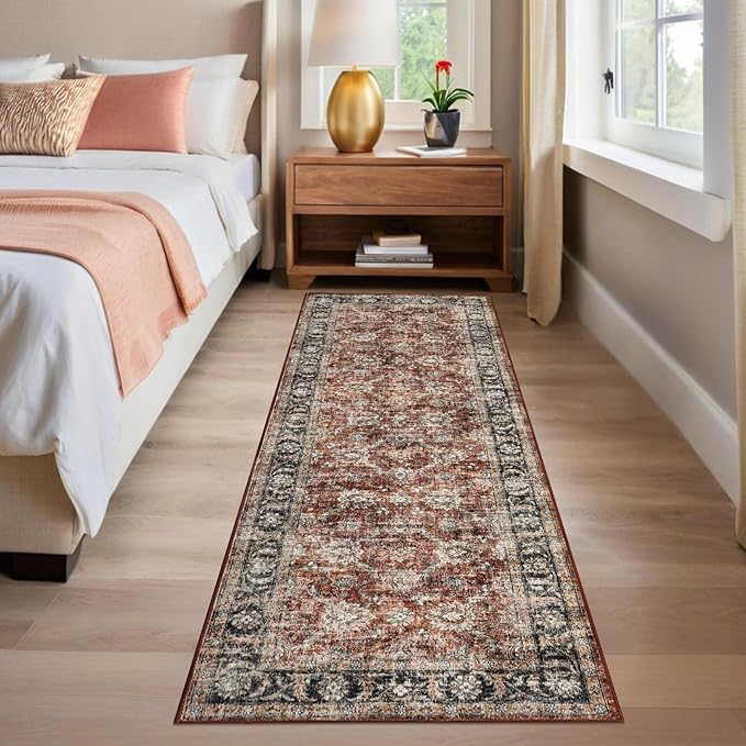 GarveeHome Washable Runner Rug 2x6 Vintage Carpet Runner with Non Slip Backing Foldable Non Shedding Retro Accent Rug Low Pile Distressed Throw Rug for Hallway Office Bedroom, Red