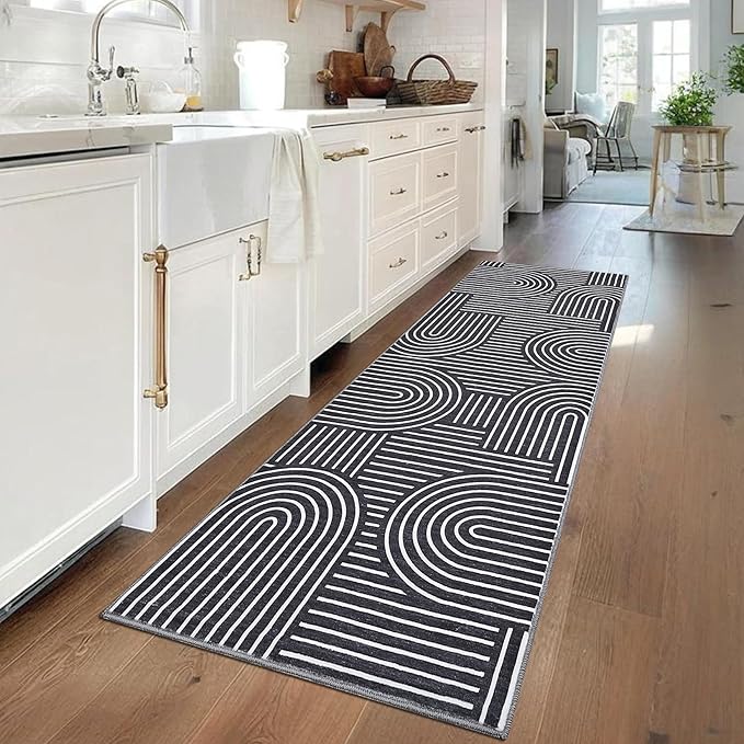 ROYHOME Modern Rug 2x6 Runners for Hallways, Abstract Kitchen Runner Rugs Non Slip Bath Runner, Rainbow Washable Runner Rug for Bedroom, Soft Long Rugs for Entryway Bathroom Laundry Dorm, Black