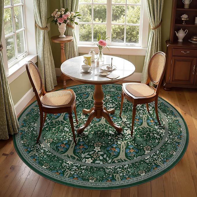Joydeco Washable Round Area Rug for Living Room, Soft Round Rugs 6ft Non Slip with Rubber Backing, Vintage Large Circle Carpet for Bedroom Kitchen Nursery, Dark Green Floral Décor