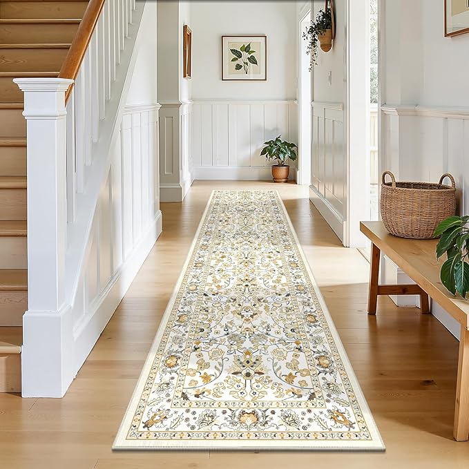 LOKHOM Washable Runner Rug, 2x8 Non-Slip Vintage Hallway Runner Rug with Rubber Backing, Boho Floral Soft Faux Wool Kitchen Rug Carpet Runner for Laundry Entryway Bedroom (Rice Orange)