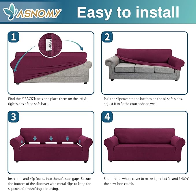 Asnomy Couch Covers for 3 Cushion Couch Stretch Sofa Covers Slipcovers, Pet Protector Furniture Covers for Dogs Cats Spandex Jacquard Fabric Small Checks (X-Large,Wine Red)