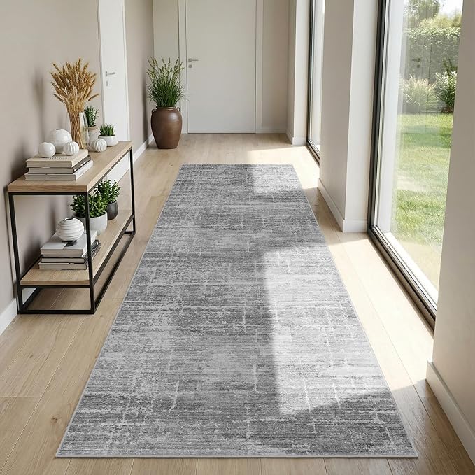 3x7 Washable Kitchen Runner Rug - Modern Abstract Neutral Carpet with Non-Slip Backing Low-Pile Stain-Resistant Thin Runners for Hallway Bathroom Bedroom Entryway (3x7, Gray)