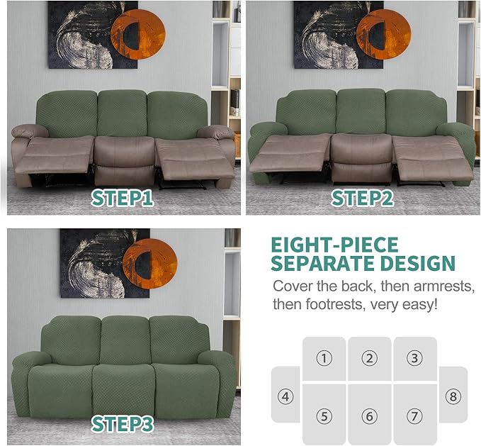 YEMYHOM 8 Pieces Stretch Recliner Sofa Cover Latest Jacquard Reclining Couch Cover with Side Pocket Anti-Slip Fitted 3 Cushion Furniture Slipcovers with Elastic Bottom (Large, Army Green)
