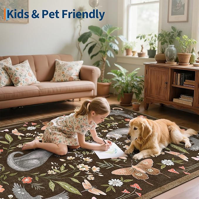 GarveeHome 3x5 Cat Washable Area Rug for Entryway, Mushroom Floral Brown Bedroom Rug Non Slip Low Pile Butterfly Carpet Stain Resistant Throw Rug for Kitchen Dorm Kids Room Office Dining Room