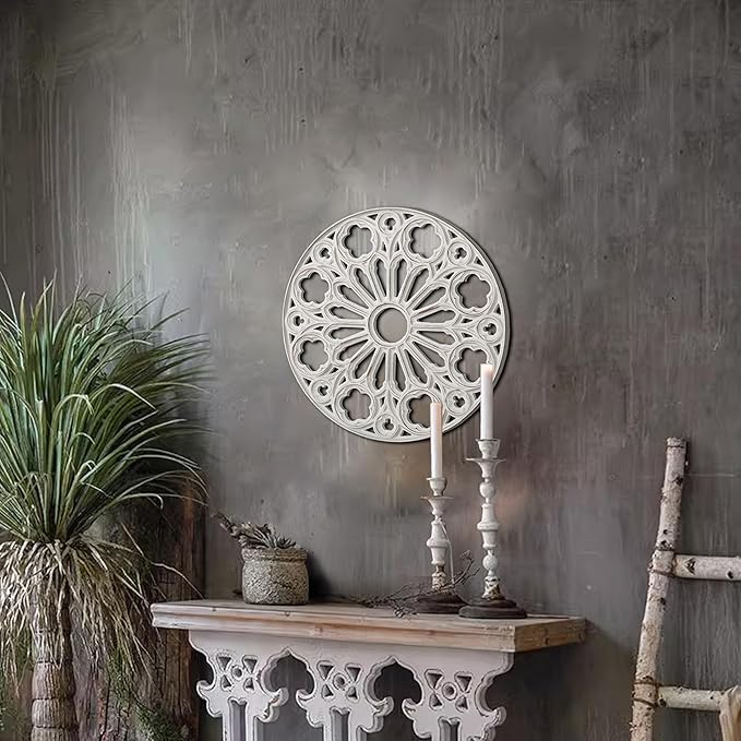XIAOAIKA Wood Round Decorative Wall Sculpture, Hand-Carved Floral Geometric Design with Distressed White Finish, Vintage Farmhouse Boho Wall Art for Living Room Bedroom Hallway, 16 Inch