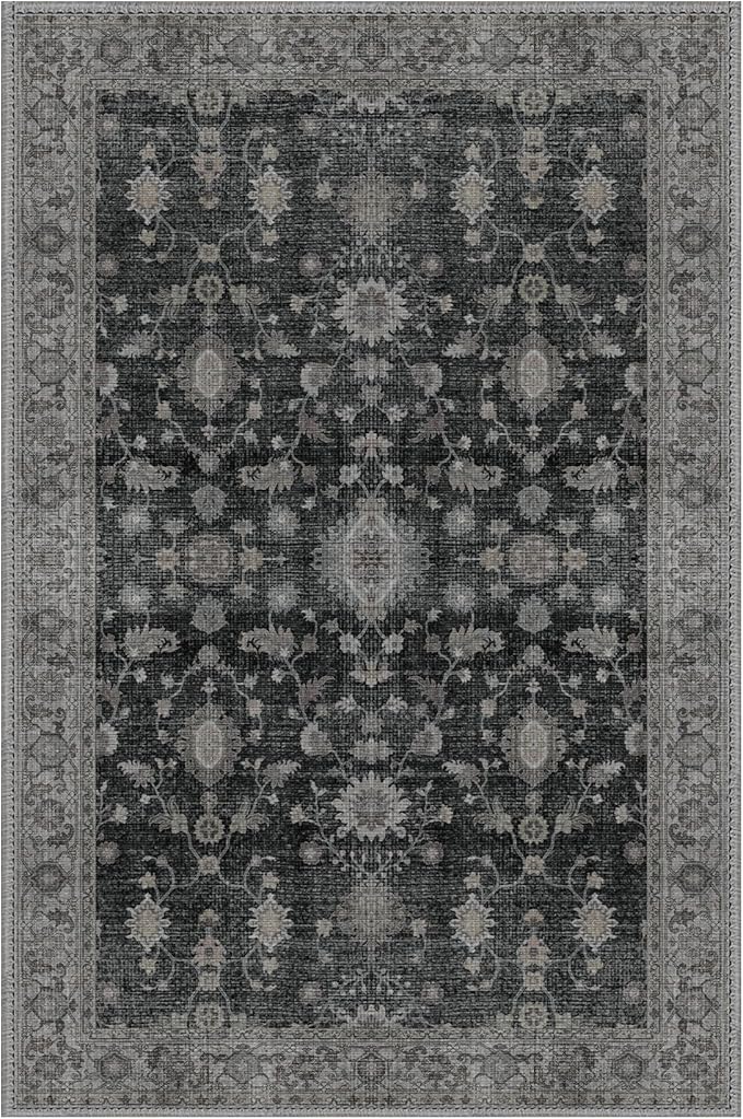 GENIMO Entryway Rug Floral Rug, 2x3 Washable Door Mat Non Slip, Thin Floor Rugs for Entryway Hallway Bathroom Laundry Room Corridor, Charcoal