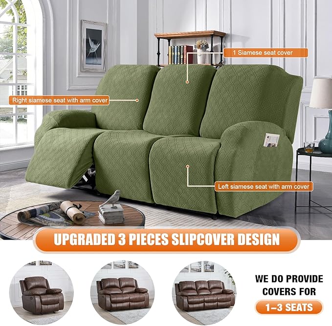 VANSOFY Recliner Sofa Covers, 3-Pieces Stretch Reclining Couch Covers with Pockets Reclining Couch Slipcovers 3 Seater Soft Washable Furniture Protector for Dogs Cats(Army Green)