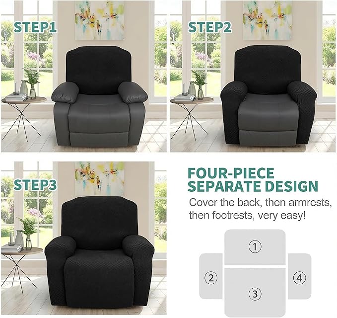YEMYHOM 4 Pieces Stretch Recliner Slipcover Latest Jacquard Recliner Chair Cover with Side Pocket Anti-Slip Fitted Recliner Cover Couch Furniture Protector with Elastic Bottom (Recliner, Black)