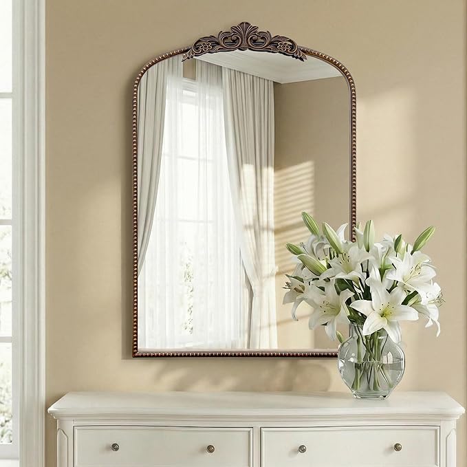 Micasso Traditional Ornate Bronze Mirror: 36" x 24" French Baroque Antique Mirror - Decorative Vintage Arched Mirrors for Wall/Bathroom/Entryway/Hallway - Home Decor for Living Room