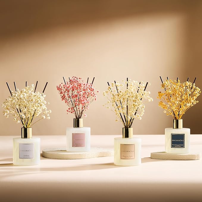 COCORR??NA Reed Diffuser - Cherry Blossom 6.7 Fl.oz Reed Diffuser Set with Sticks & Preserved Baby's Breath, Reed Diffuser for Home Bathroom Shelf Decor