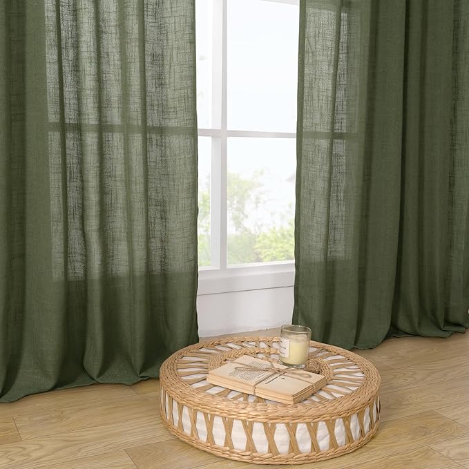 LAMIT Kitchen Semi Sheer Linen Curtains 24 Inch Long, Light Filtering Panels Back Tab and Rod Pocket Neutral Drapes for Cafe/Bathroom/Small Window, Olive Green, 2 Panels, 34 x 24 Inch
